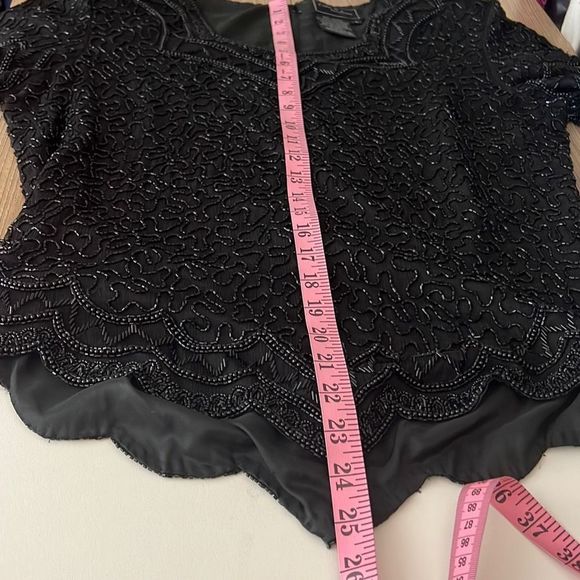 Cote d'Azur Top Evening Beaded Scallop Hem Short Sleeve Black Size Large - Picture 10 of 10